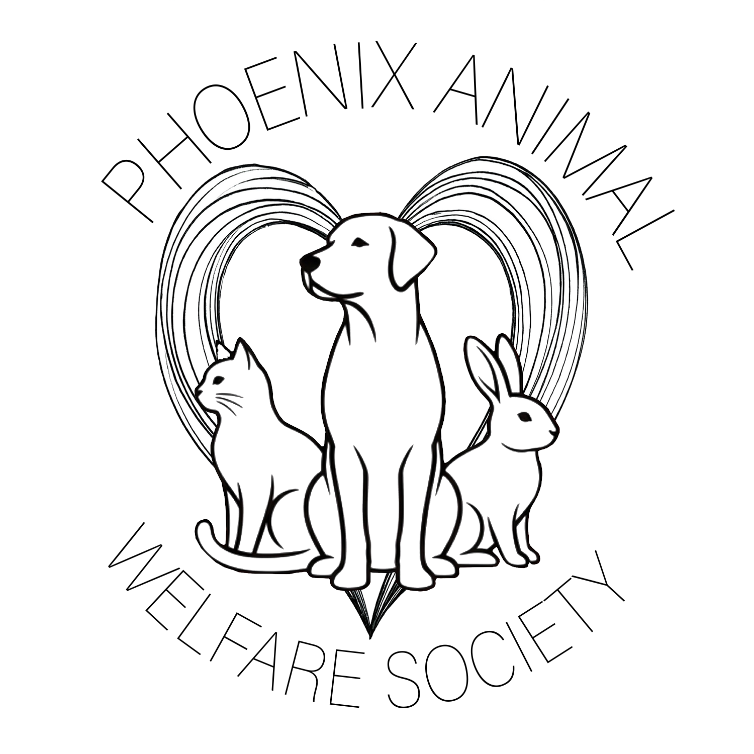 Phoenix Animal Welfare Society — hand-drawn dog, cat, and rabbit in front of a heart